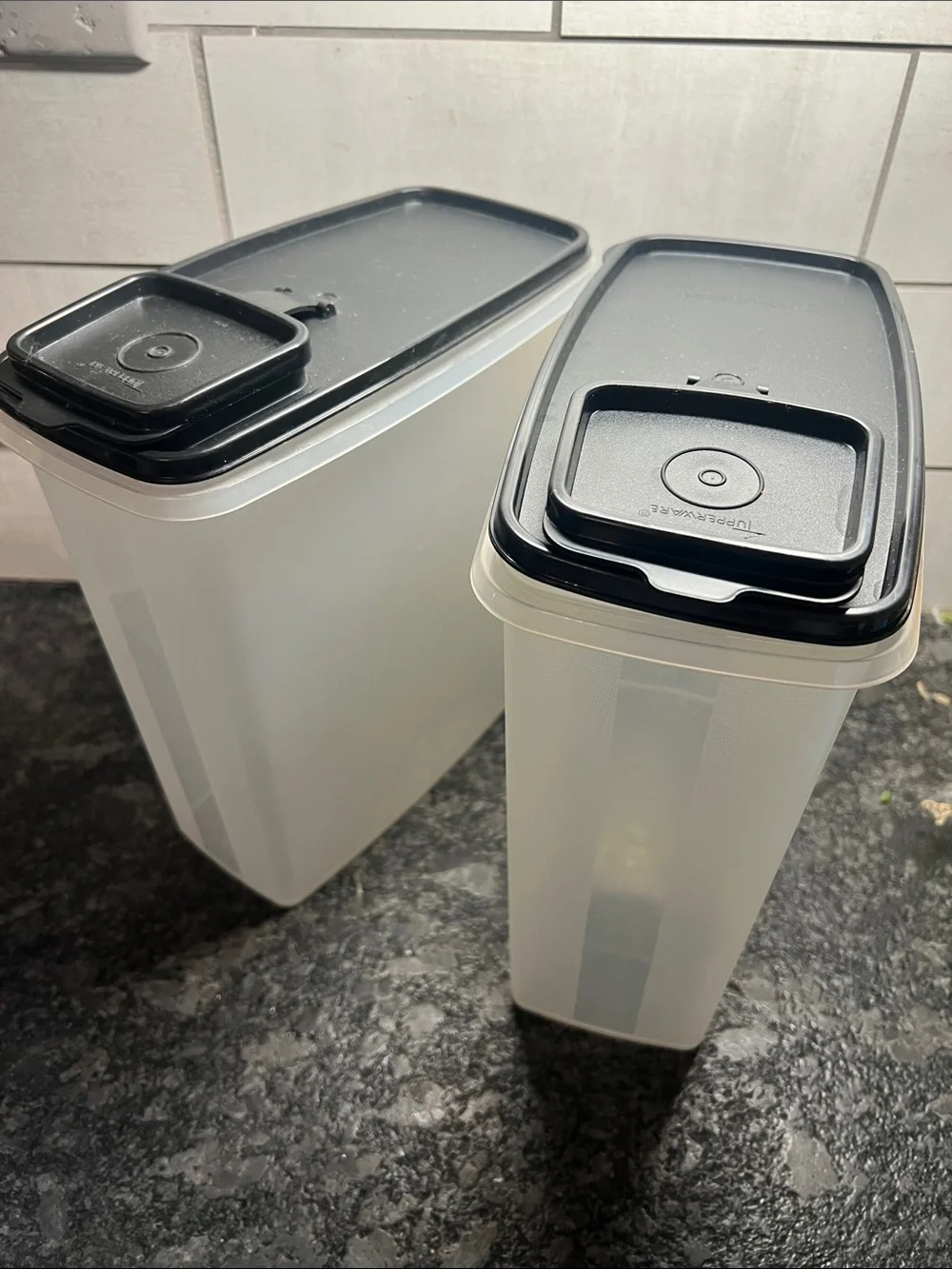 Set of 2 Tupperware Super Cereal Containers with pour spouts. Black lids.